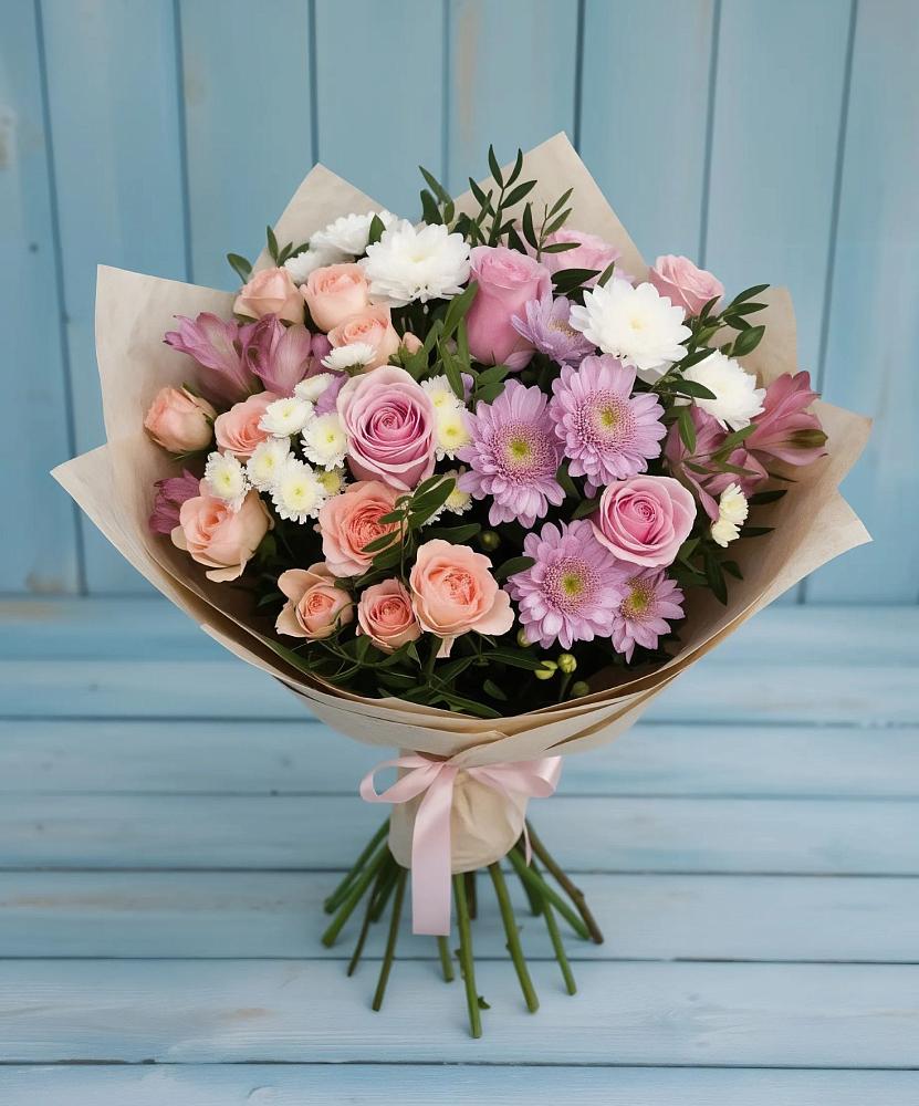 Букет цветов из: Хризантемы, Розы и Альстромерии в Юргинское