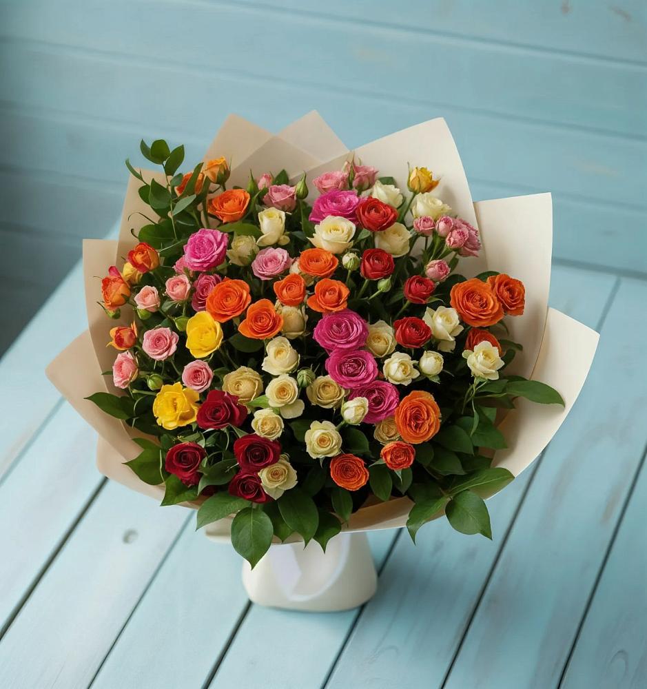 Букет Микс из разноцветных кустовых роз в Юргинское
