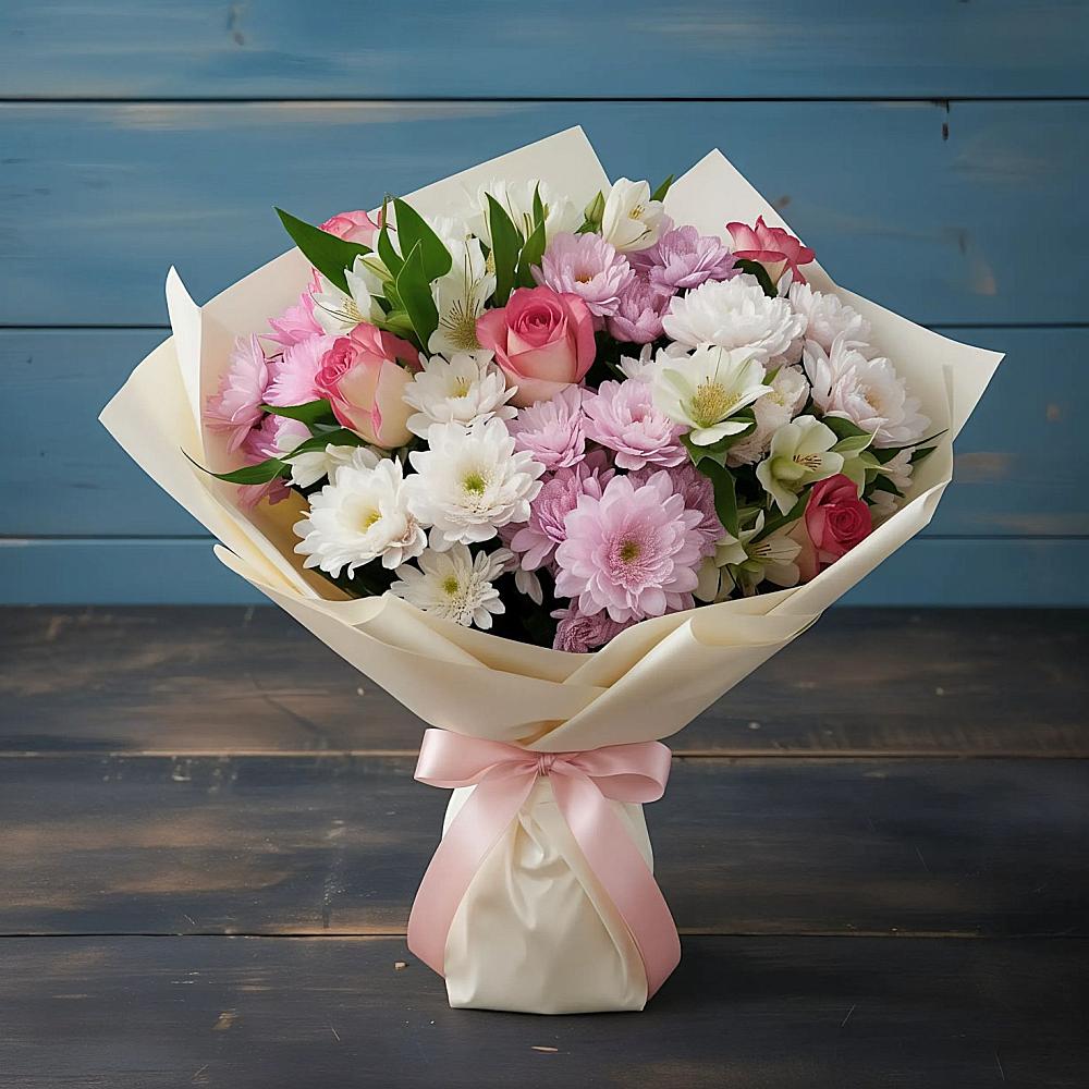 Букет цветов из: Хризантемы, Альстромерии и Розы в Юргинское